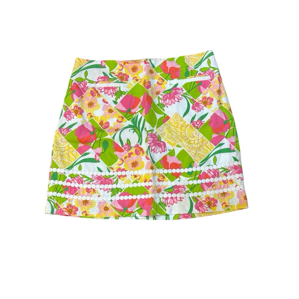 LILLY‎ PULITIZER Pink White Green Floral Print Crochet Patchwork Skirt Size 14